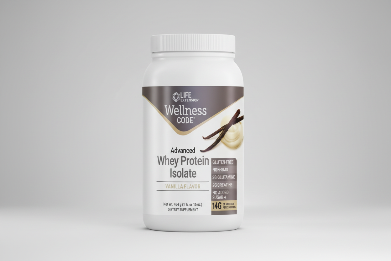 Life Extension Wellness Code Advanced Whey Protein Isolate container with vanilla flavor label.