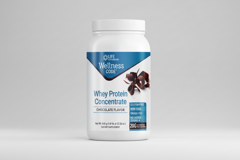 Life Extension Wellness Code Whey Protein Concentrate container with chocolate flavor label.