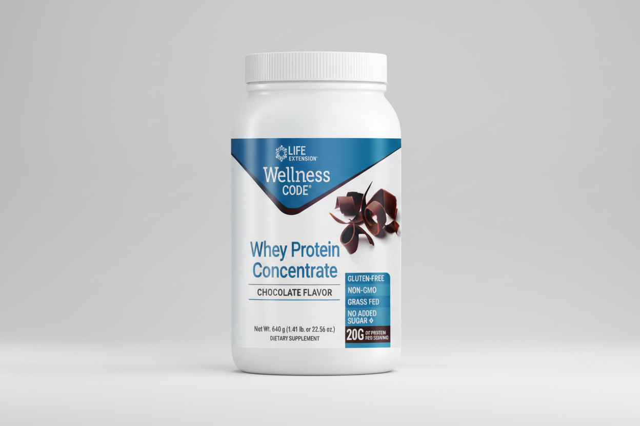 Life Extension Wellness Code Whey Protein Concentrate container with chocolate flavor label.