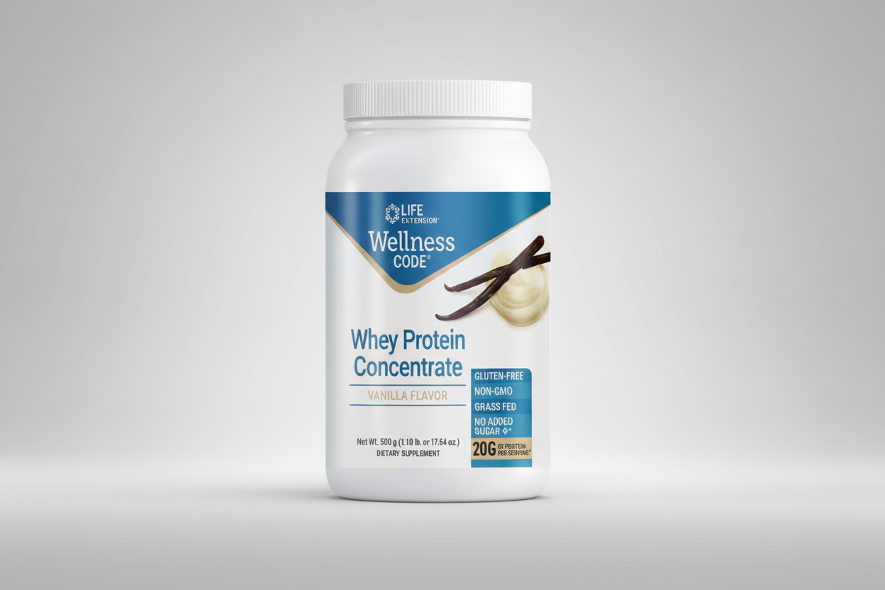 Life Extension Wellness Code Whey Protein Concentrate container with vanilla flavor label