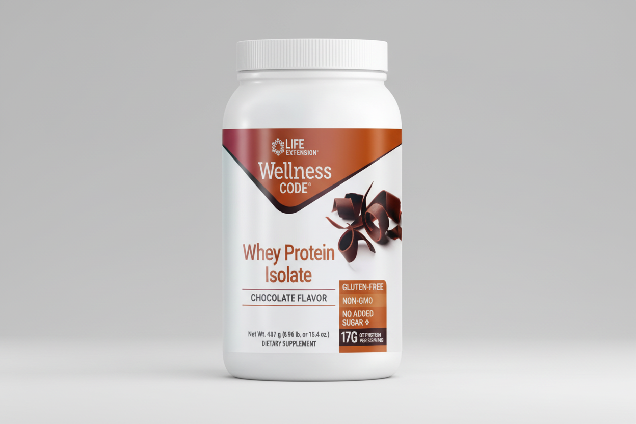 Life Extension Wellness Code Whey Protein Isolate container with chocolate flavor on a white background