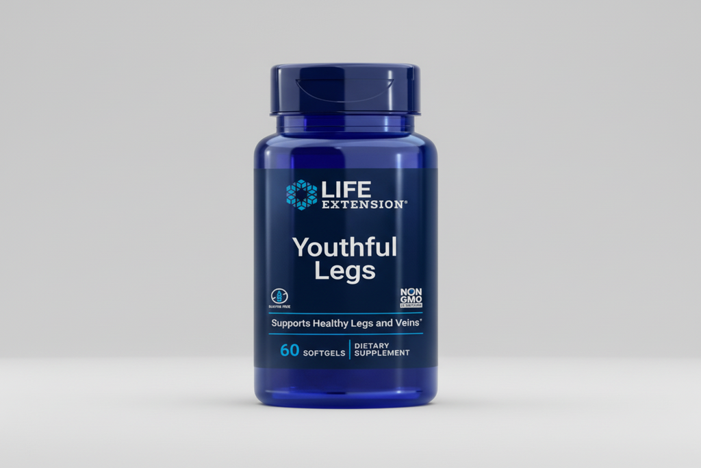 Blue supplement bottle labeled 'Youthful Legs' by Life Extension on a white background