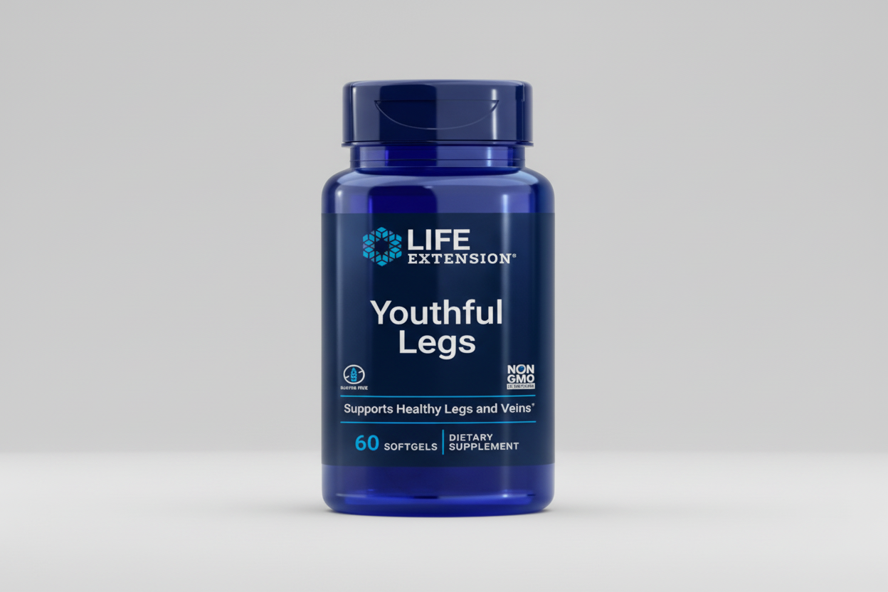 Blue supplement bottle labeled 'Youthful Legs' by Life Extension on a white background