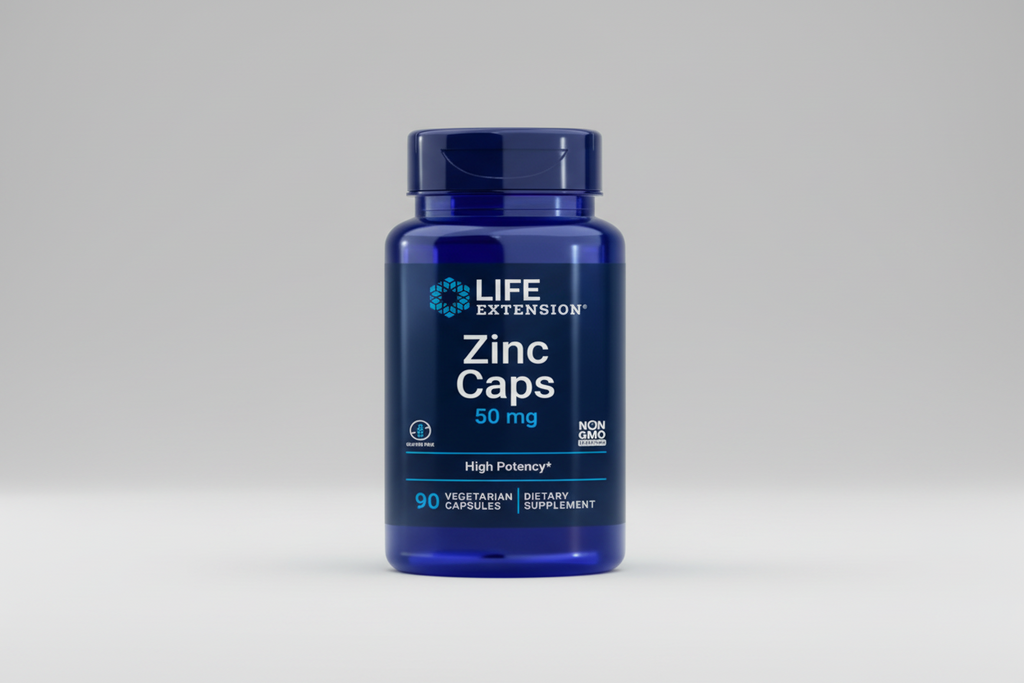 Life Extension Zinc Caps 50 mg supplement bottle on a white background