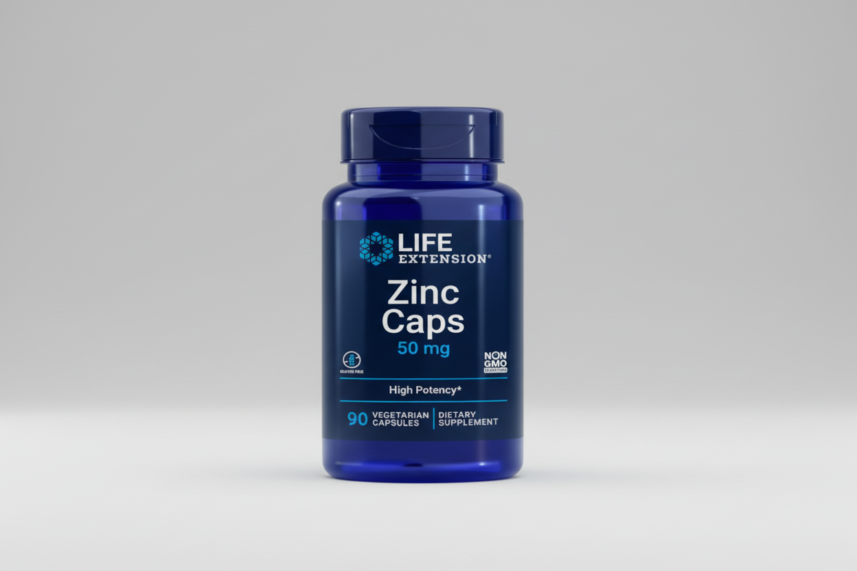 Life Extension Zinc Caps 50 mg supplement bottle on a white background