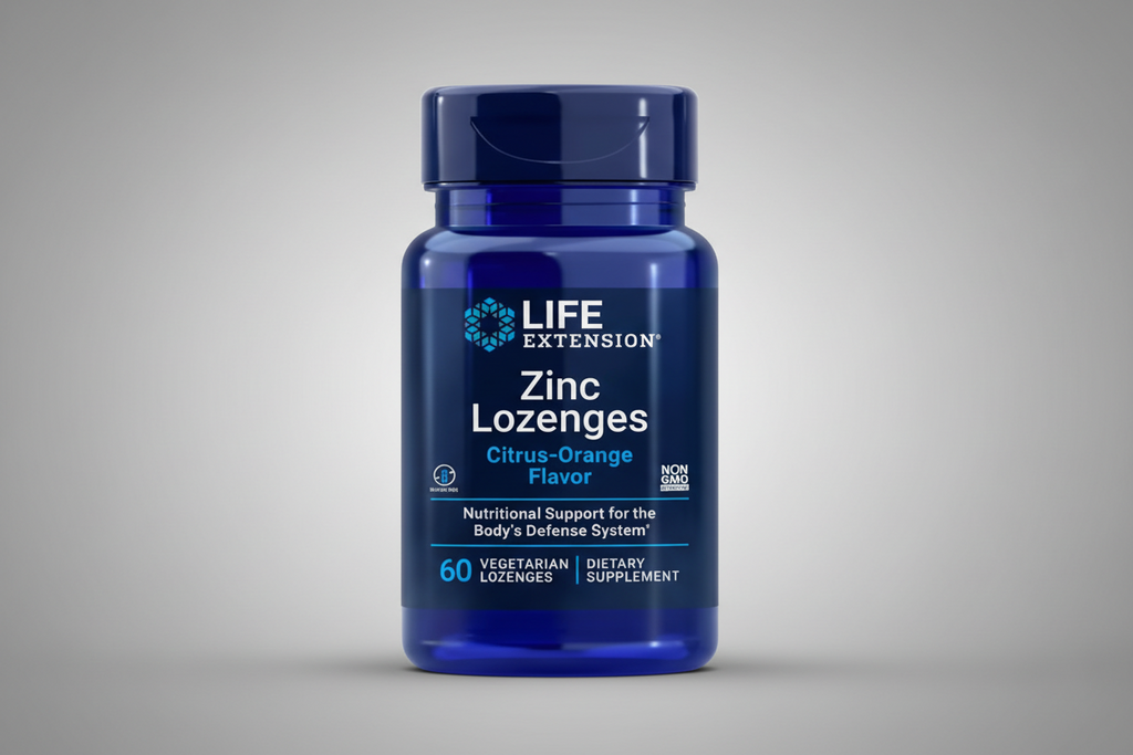 Life Extension Zinc Lozenges bottle with blue label on a white background
