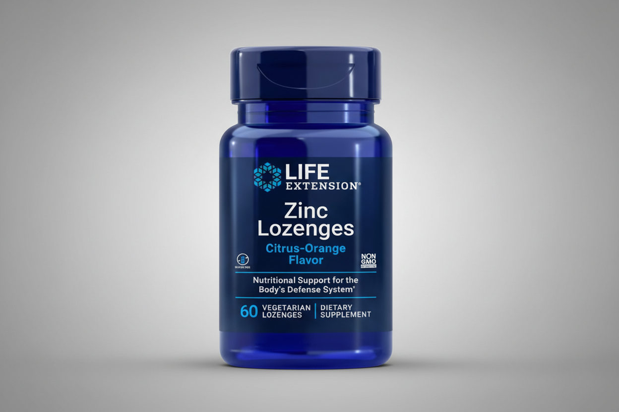 Life Extension Zinc Lozenges bottle with blue label on a white background