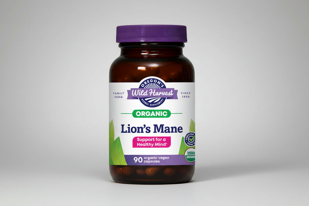 Oregon's Wild Harvest Lion's Mane supplement bottle with purple cap and label.