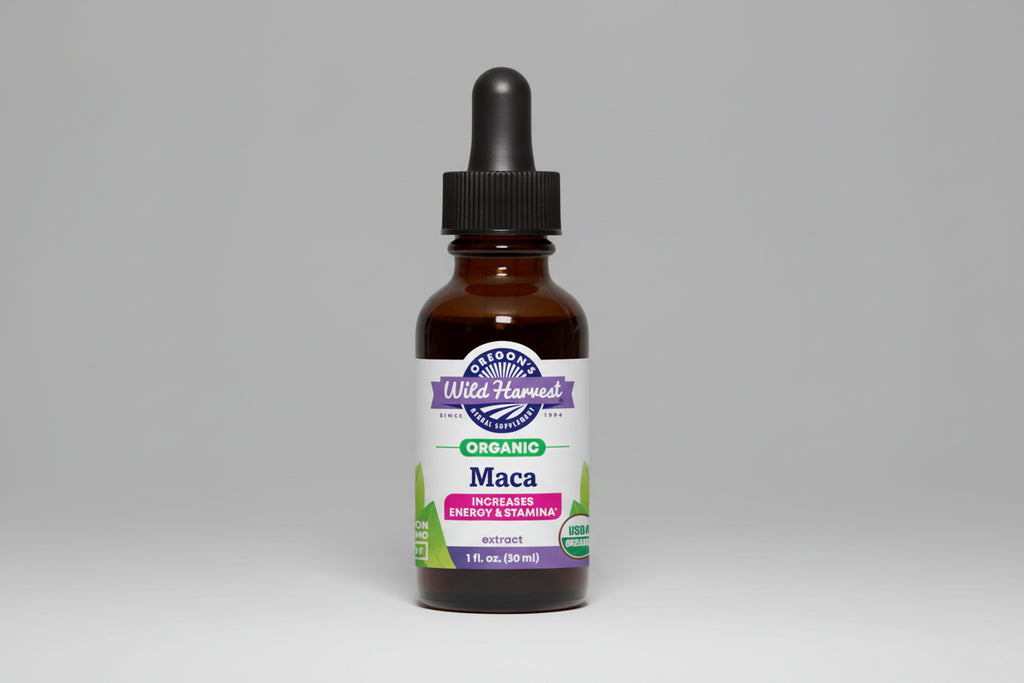 Maca extract bottle with dropper labeled 'Oregon's Wild Harvest' on a white background