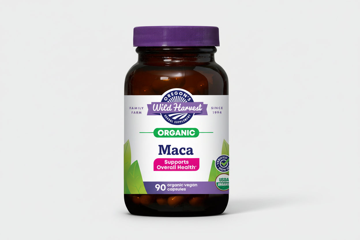 Oregon's Wild Harvest Maca supplement bottle with purple cap and label.