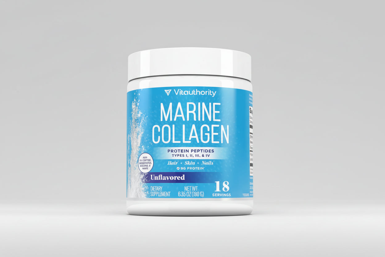 Vita Authority Marine Collagen supplement container on a white background