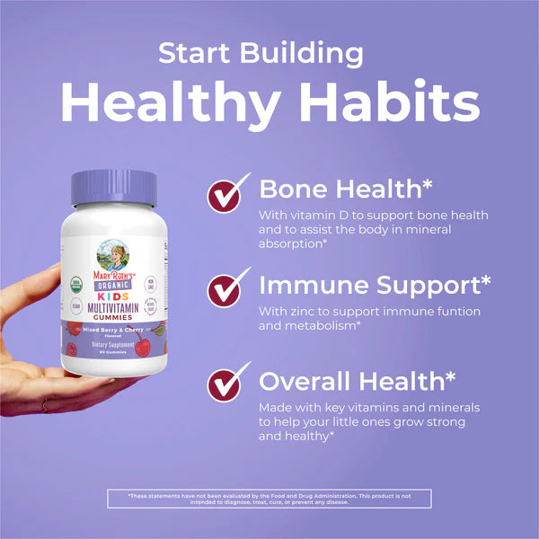 Multivitamin gummies bottle held by a hand with text about health benefits on a purple background