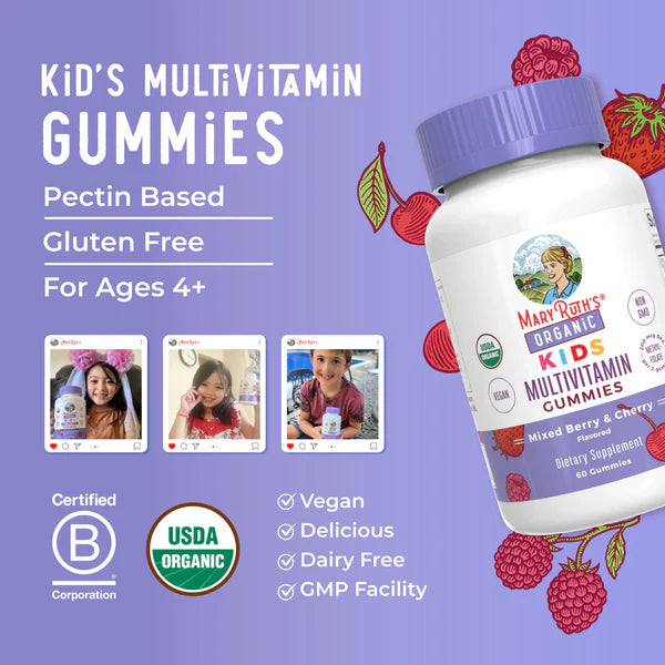 Mary Ruth's Organic Kids Multivitamin Gummies packaging with product details on a purple background