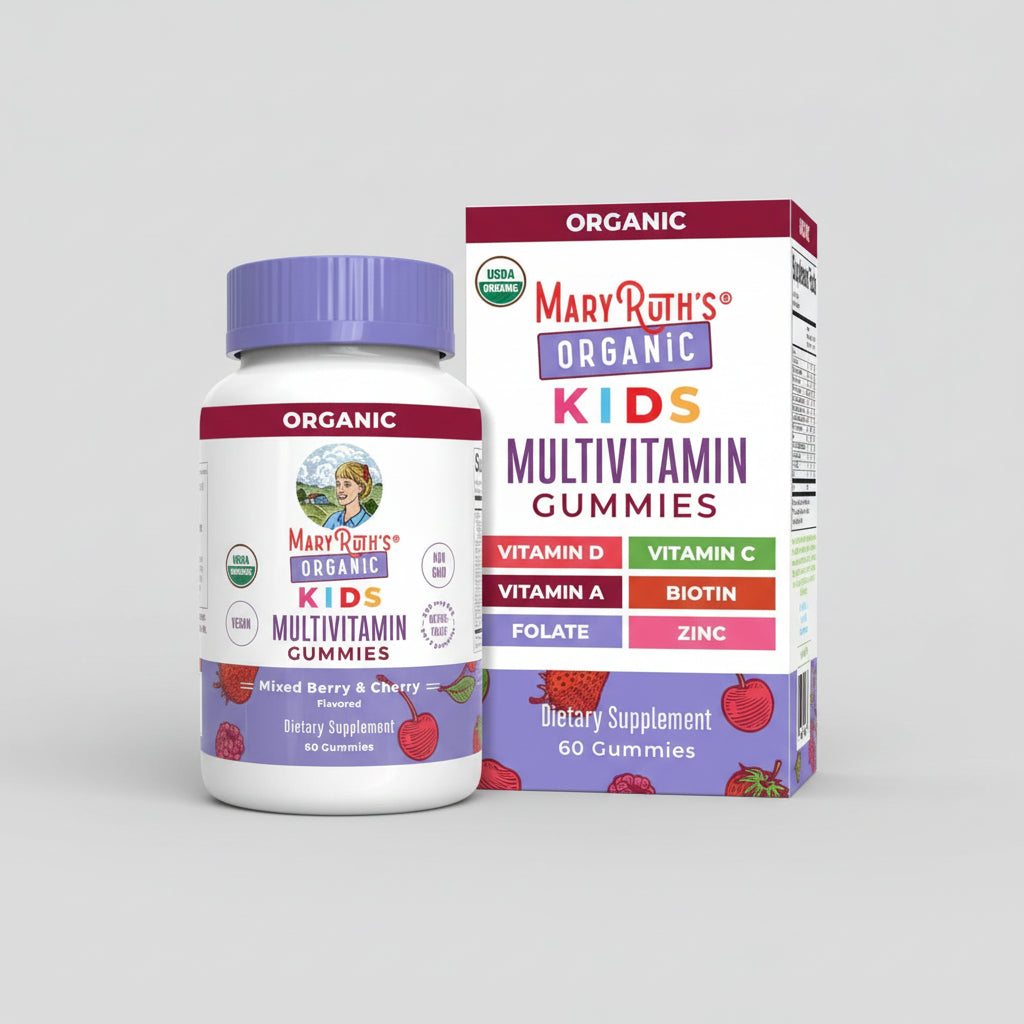 Mary Ruth's Organic Kids Multivitamin Gummies packaging with bottle and box on a white background