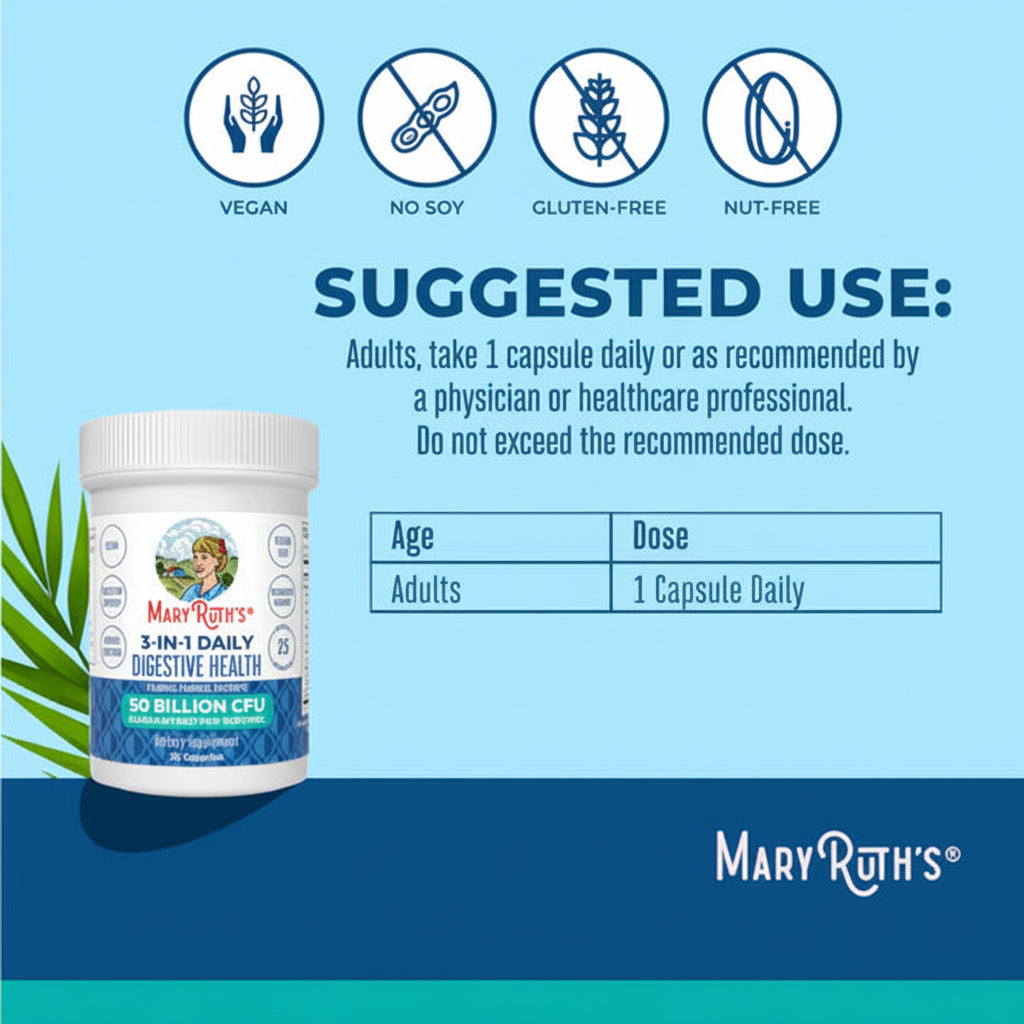Mary Ruth's daily digestive health supplement with suggested use and product details on a blue background