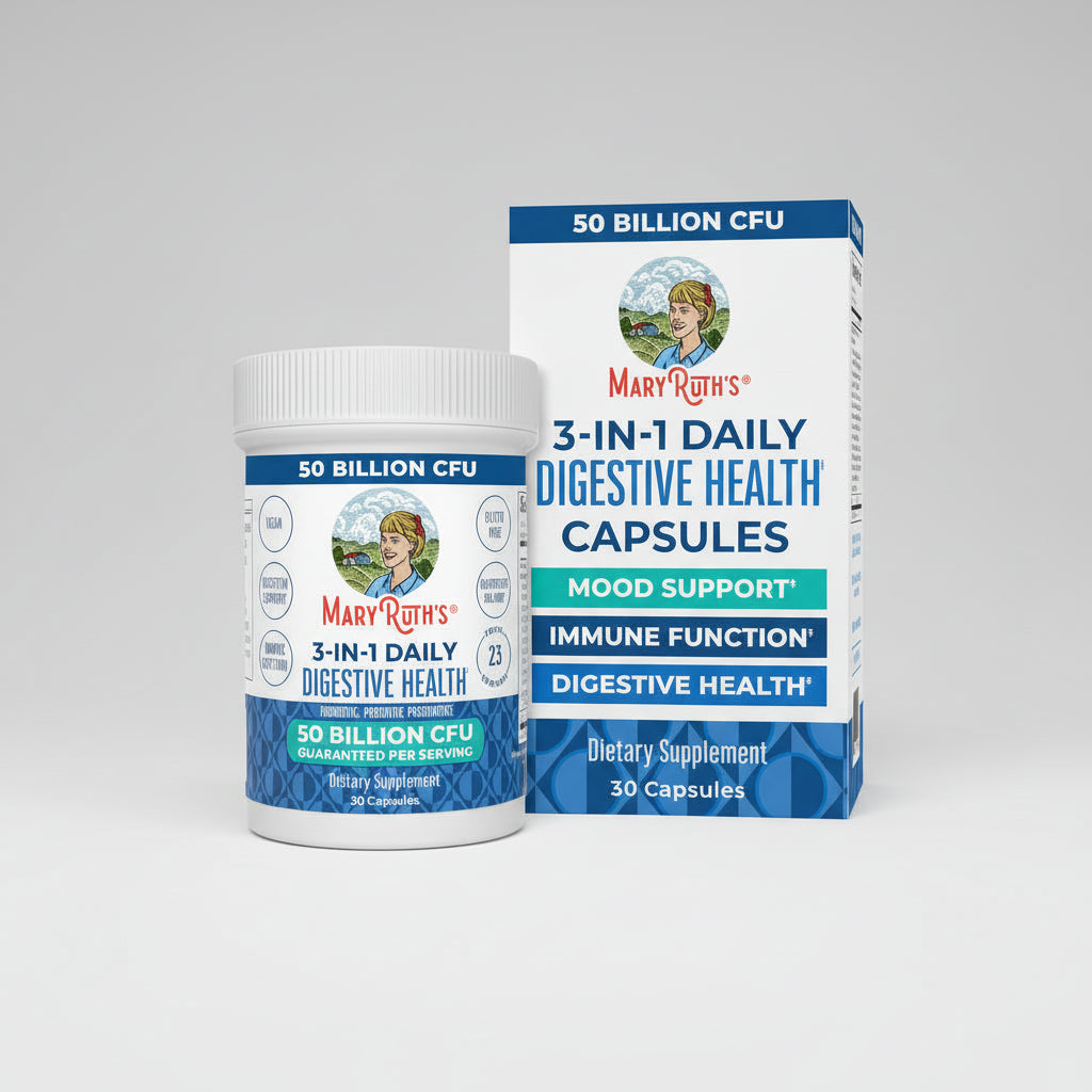 Mary Ruth's 3-in-1 Daily Digestive Health capsules and packaging on a white background