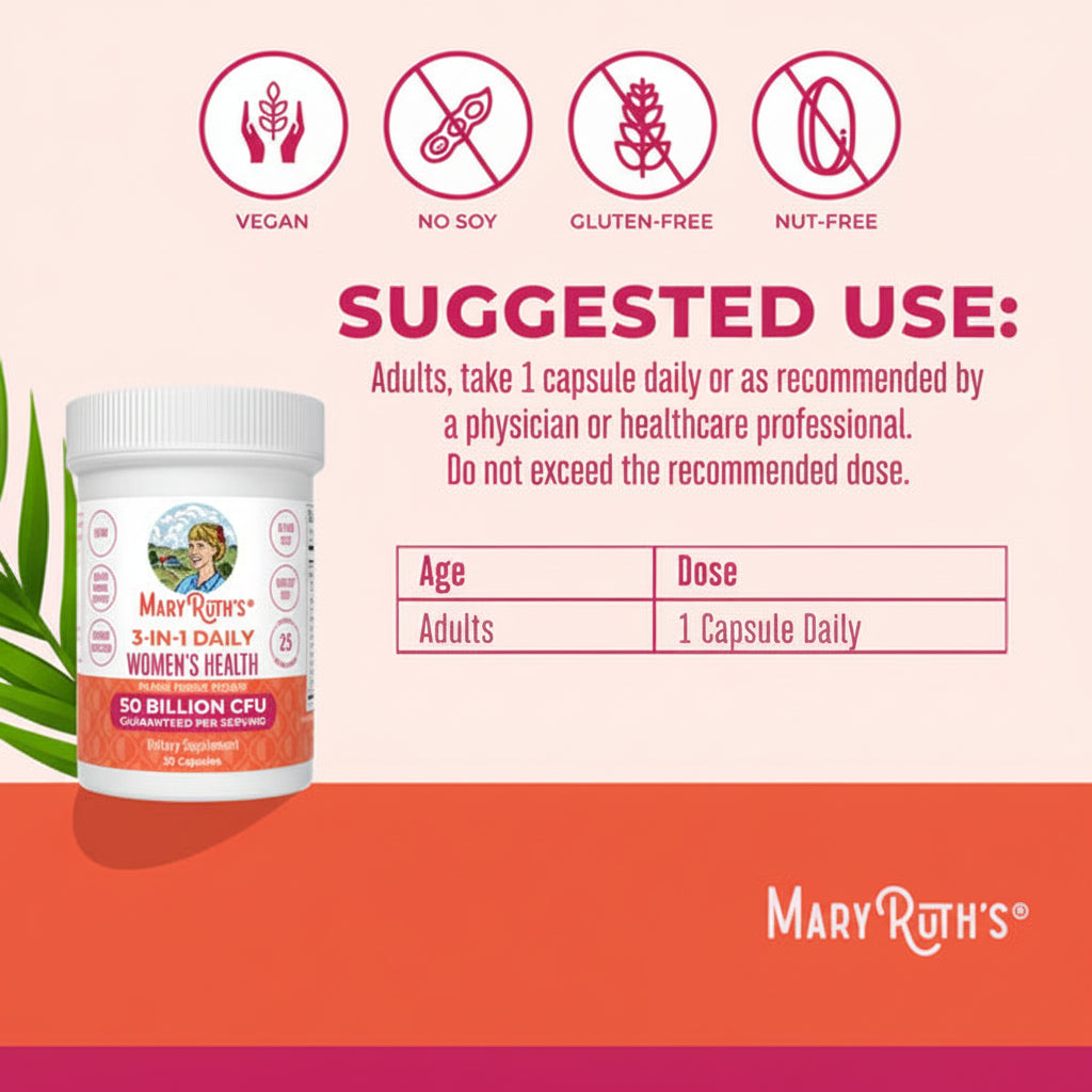 Mary Ruth's daily supplement container with suggested use and product details on a pink and orange background.