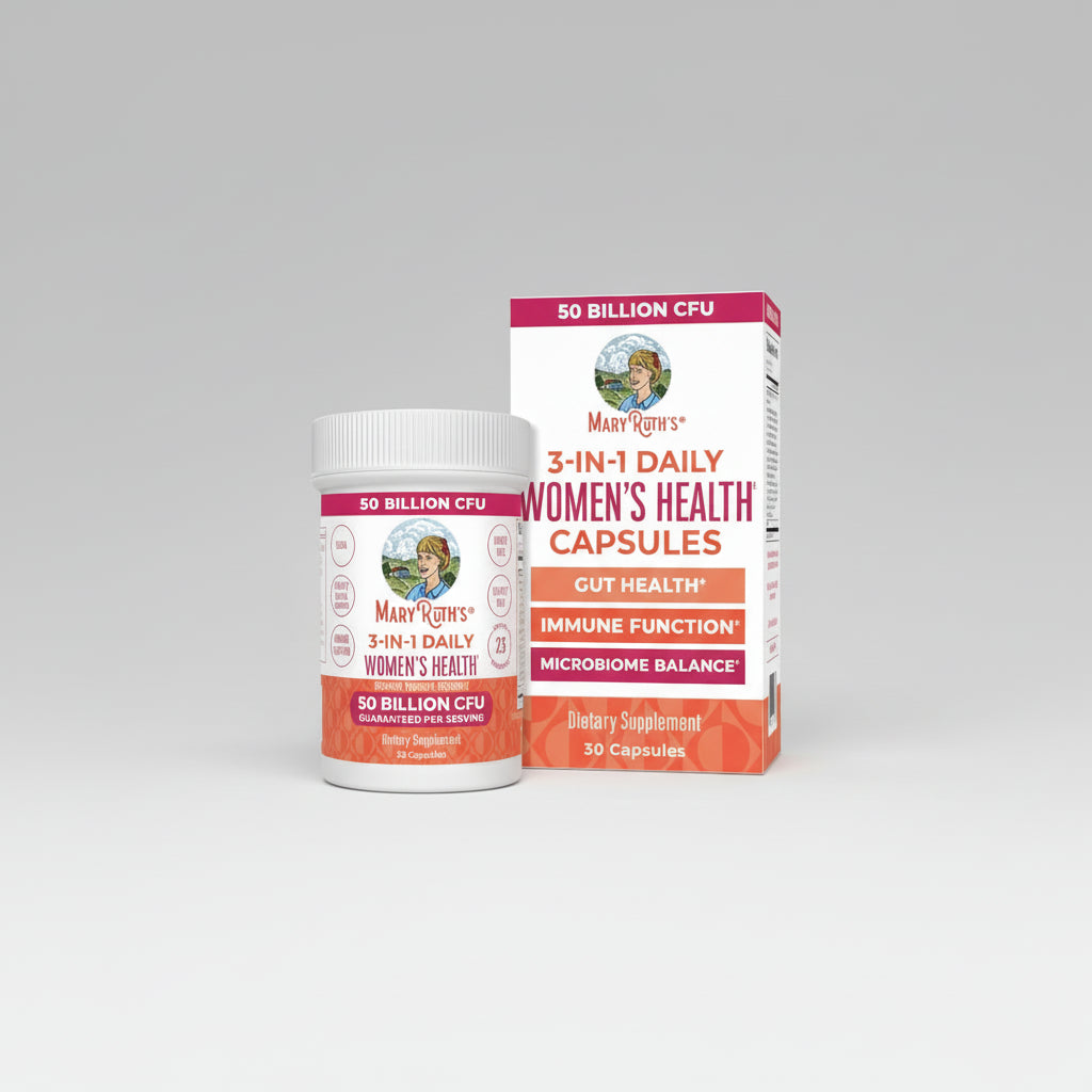 Mary Ruth's 3-in-1 Daily Women's Health capsules packaging with supplement container.