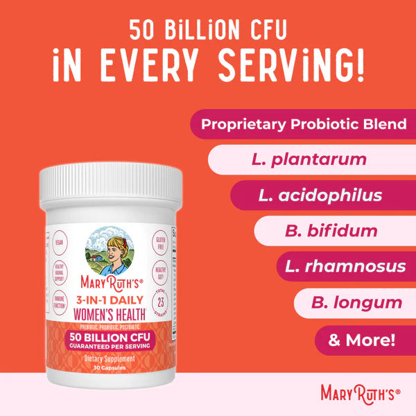 Mary Ruth's 3-in-1 Daily Women's Health supplement container with probiotic benefits on an orange background