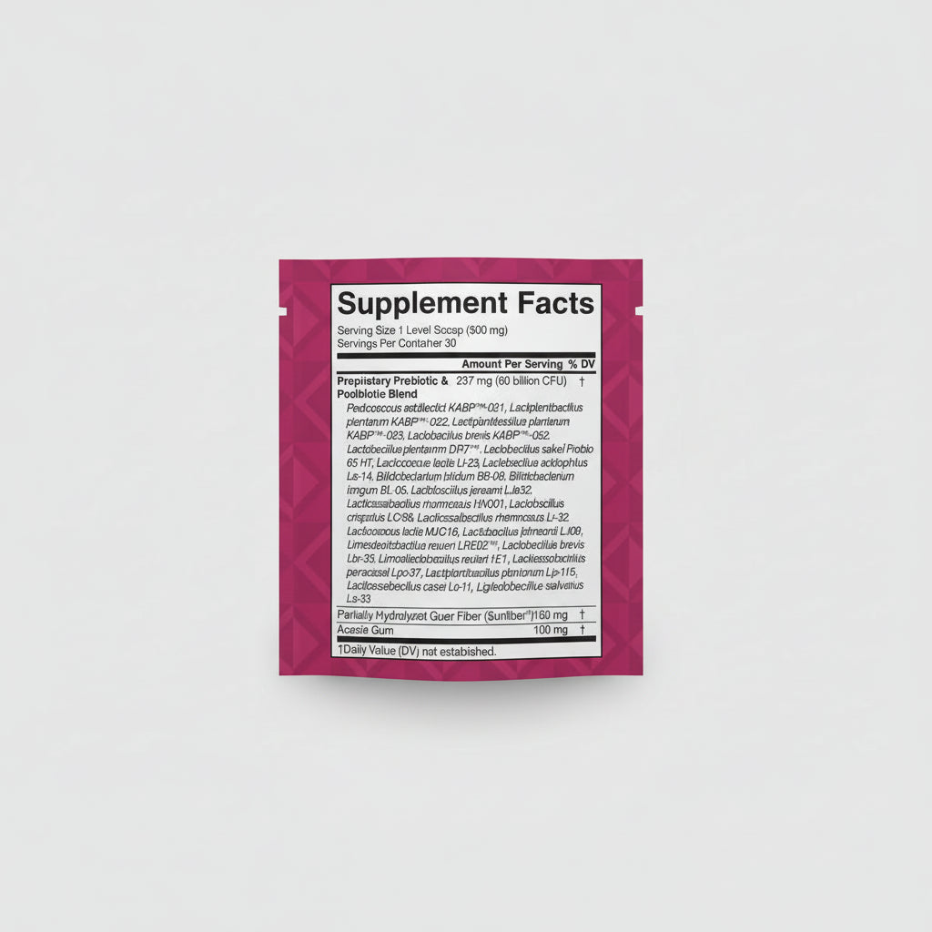 Supplement facts label with a pink geometric pattern