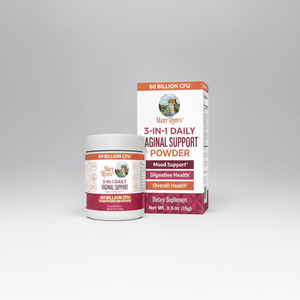 Mary Ruth's 3-in-1 Daily Vaginal Support Powder packaging on a white background