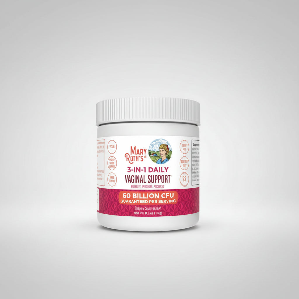 Supplement container labeled 'Mary Ruth's 3-in-1 Daily Vaginal Support' on a pink field background.