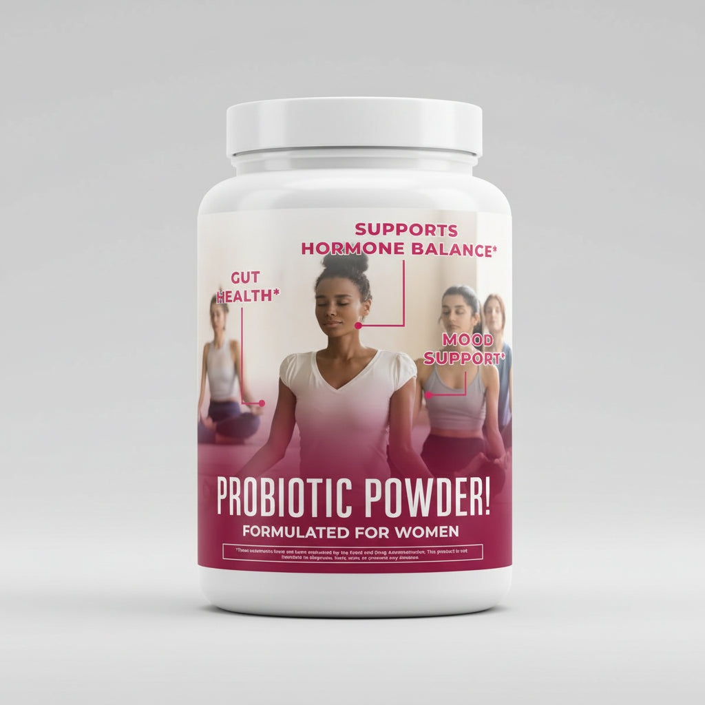 Advertisement for probiotic powder formulated for women, showing a woman meditating with text highlighting benefits.