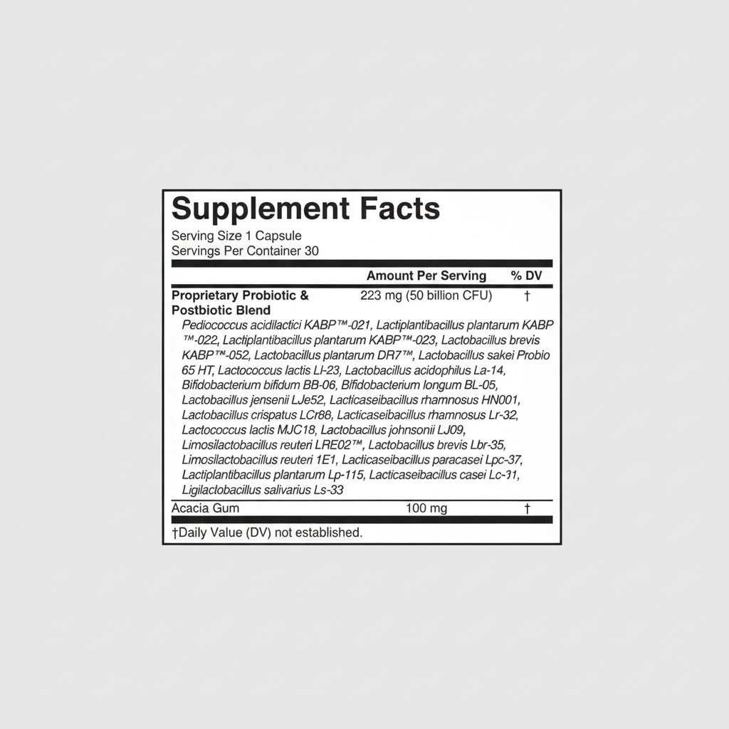 Supplement facts label with detailed ingredient list on a purple background