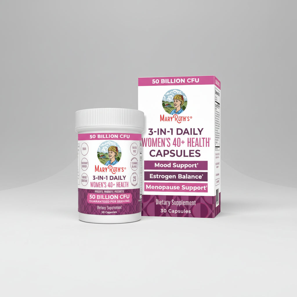 Mary Ruth's 3-in-1 Daily Women's 40+ Health supplement container and packaging.
