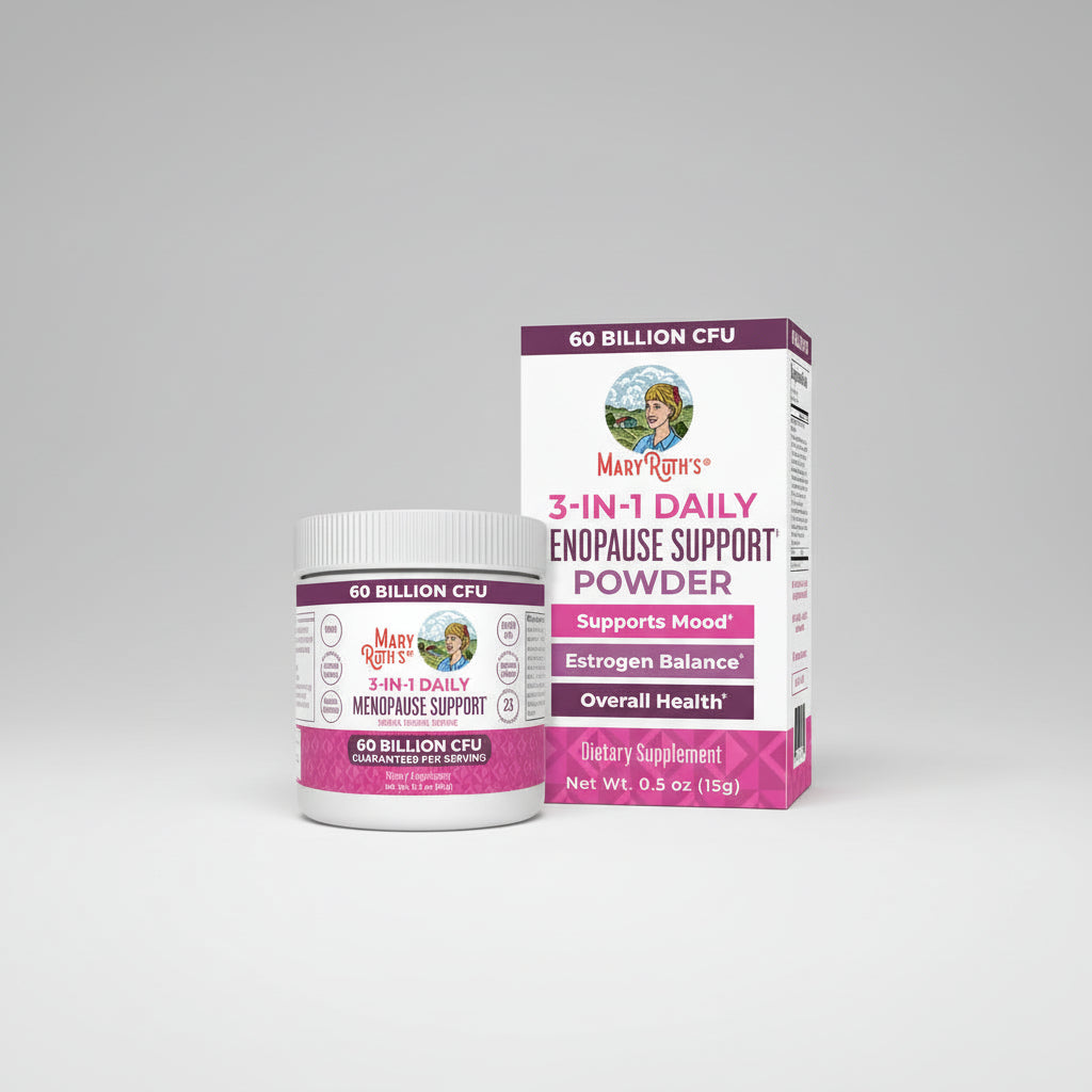 Mary Ruth's 3-in-1 Daily Menopause Support Powder packaging on a white background