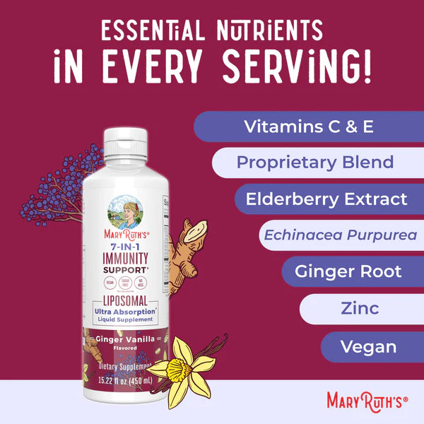 Mary Ruth's 7-in-1 Immunity Support supplement bottle with ingredients listed on a purple background