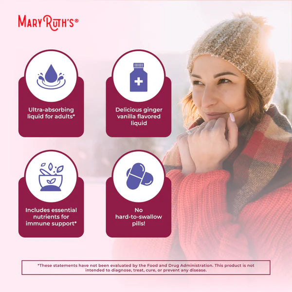 Promotional graphic for Mary Ruth's product featuring a woman outdoors, with product features listed.