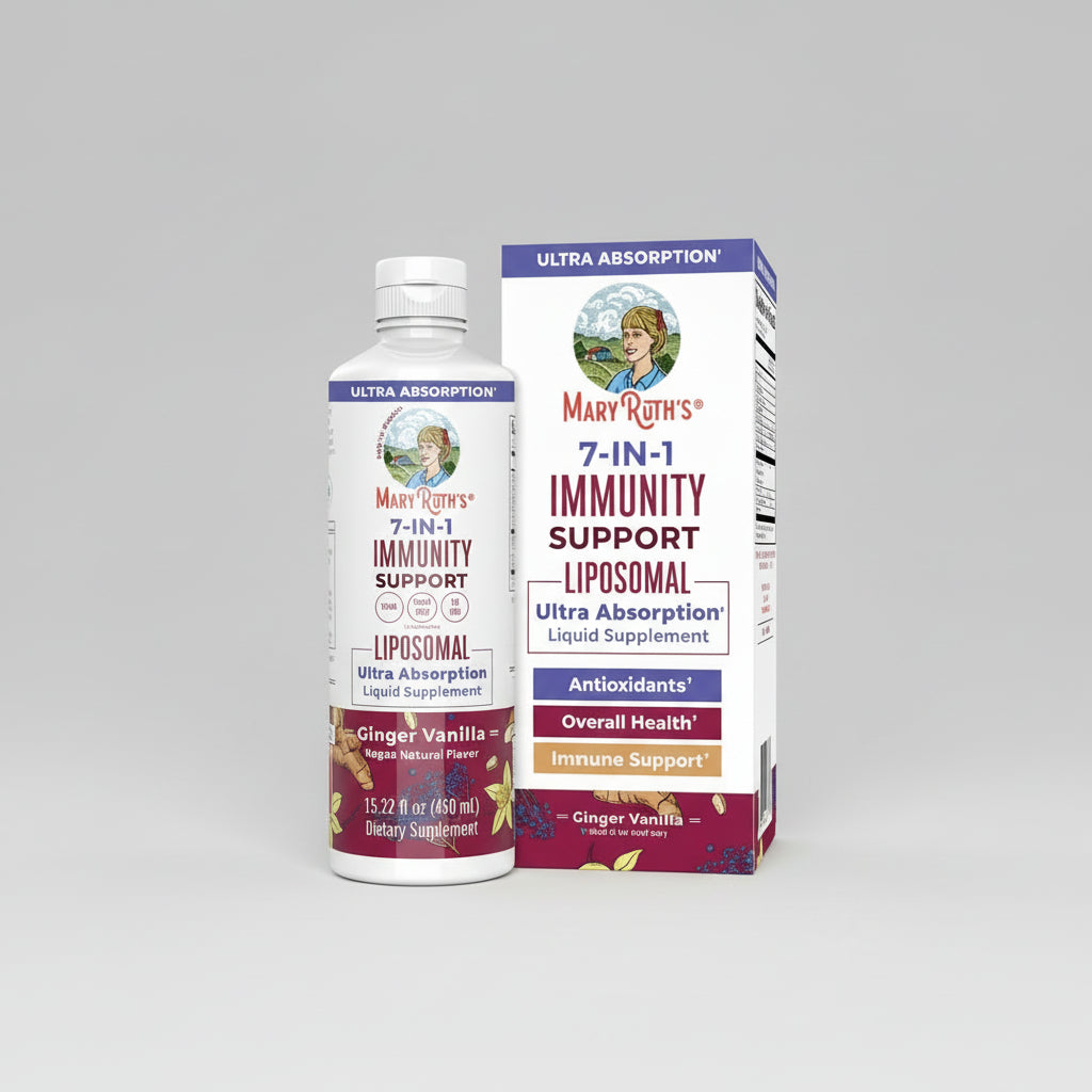 Mary Ruth's 7-in-1 Immunity Support Liposomal supplement bottle and packaging on a white background