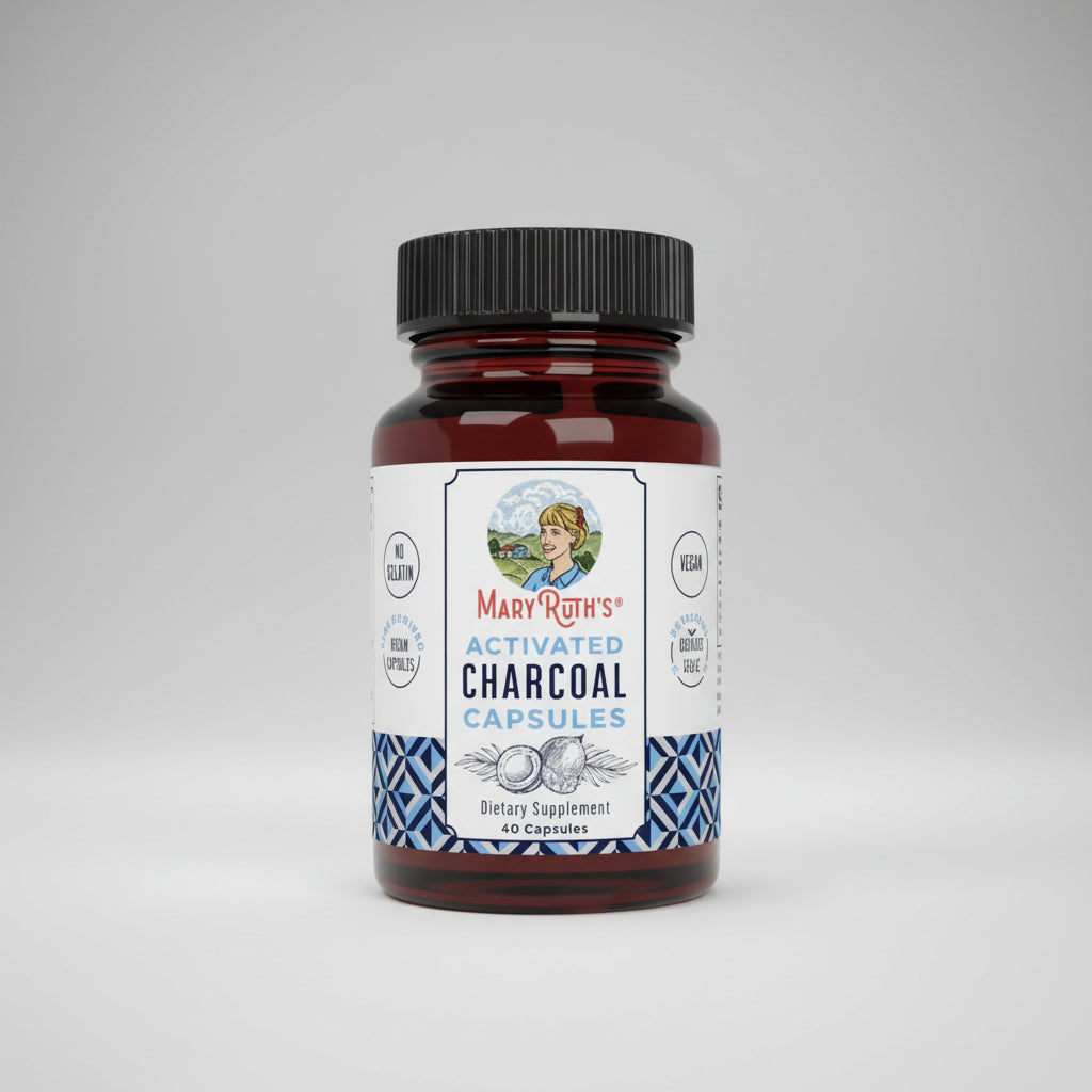 Mary Ruth's Activated Charcoal Capsules bottle with product details on a blue background