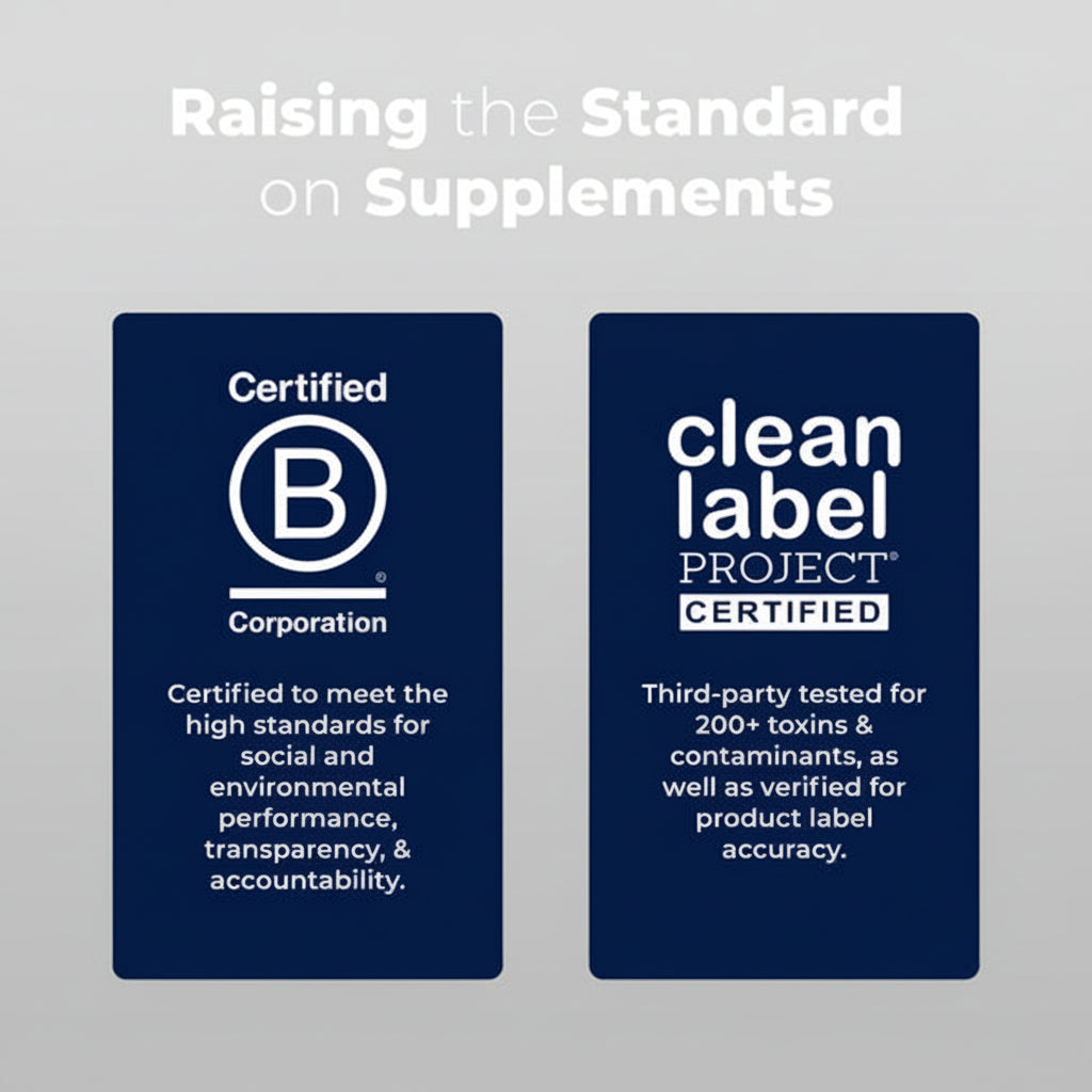 Two certification logos on a blue background with text about standards and labels.
