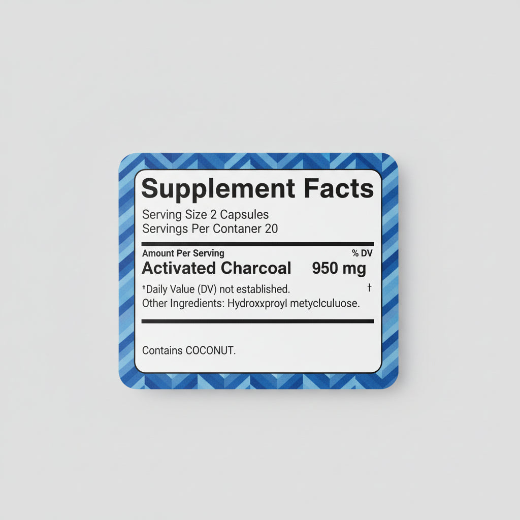 Supplement facts label with blue geometric pattern