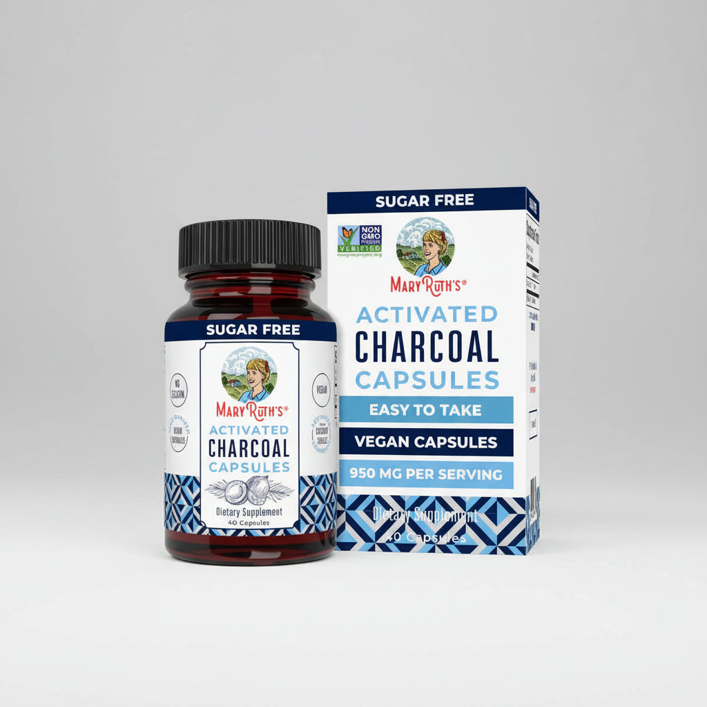 Mary Ruth's Activated Charcoal Capsules bottle and packaging on a white background
