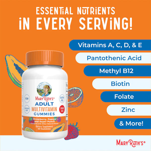 Mary Ruth's Adult Multivitamin Gummies bottle with vitamins listed on an orange background