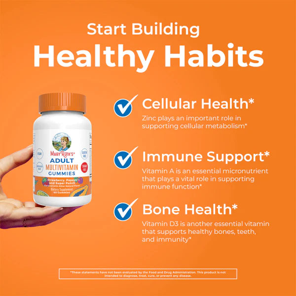 Multivitamin gummies packaging with text on an orange background