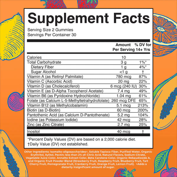Supplement facts label for gummies with colorful fruit illustrations on an orange background