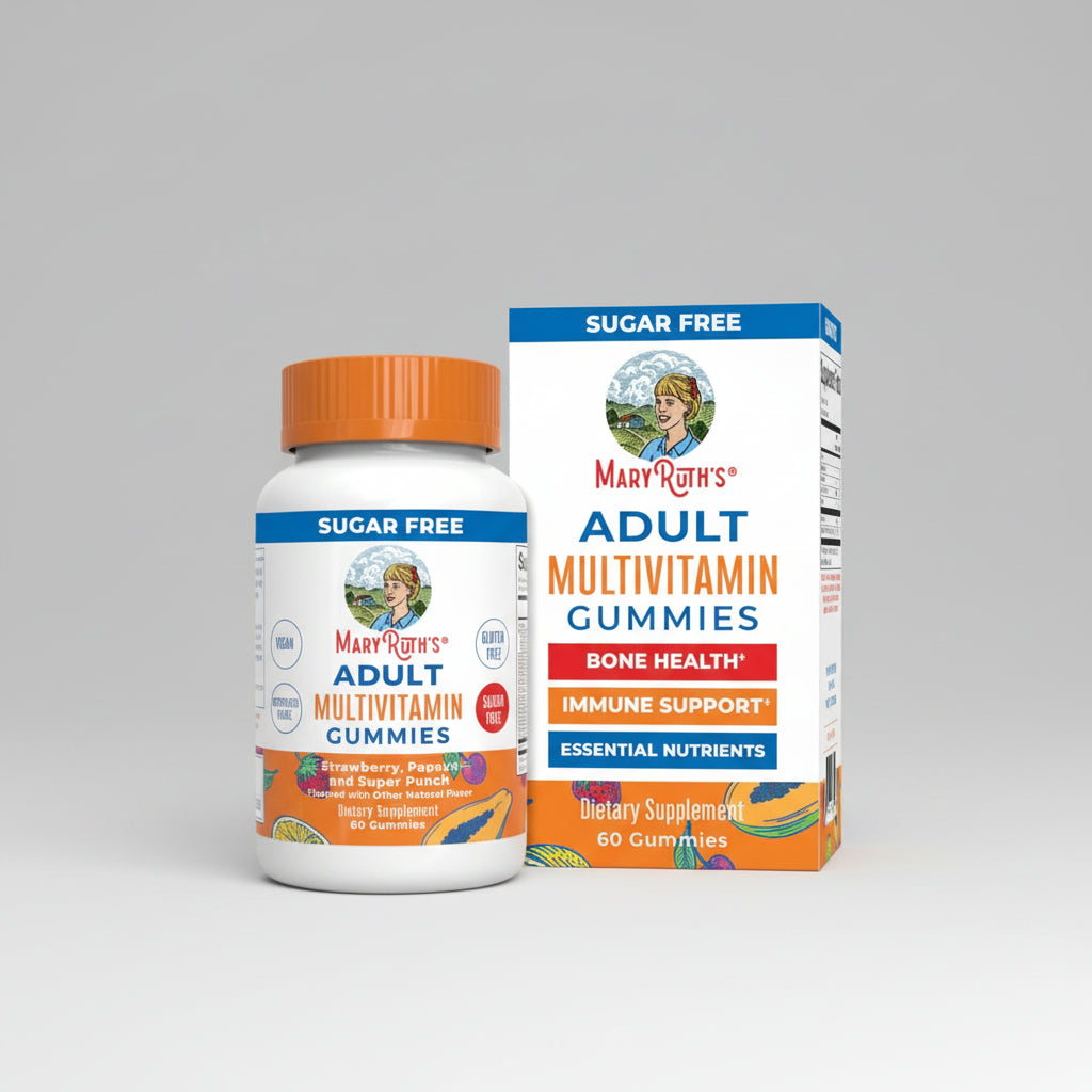Mary Ruth's Adult Multivitamin Gummies bottle and packaging on a white background