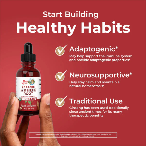 Bottle of organic Asian ginseng root supplement with text on a red background