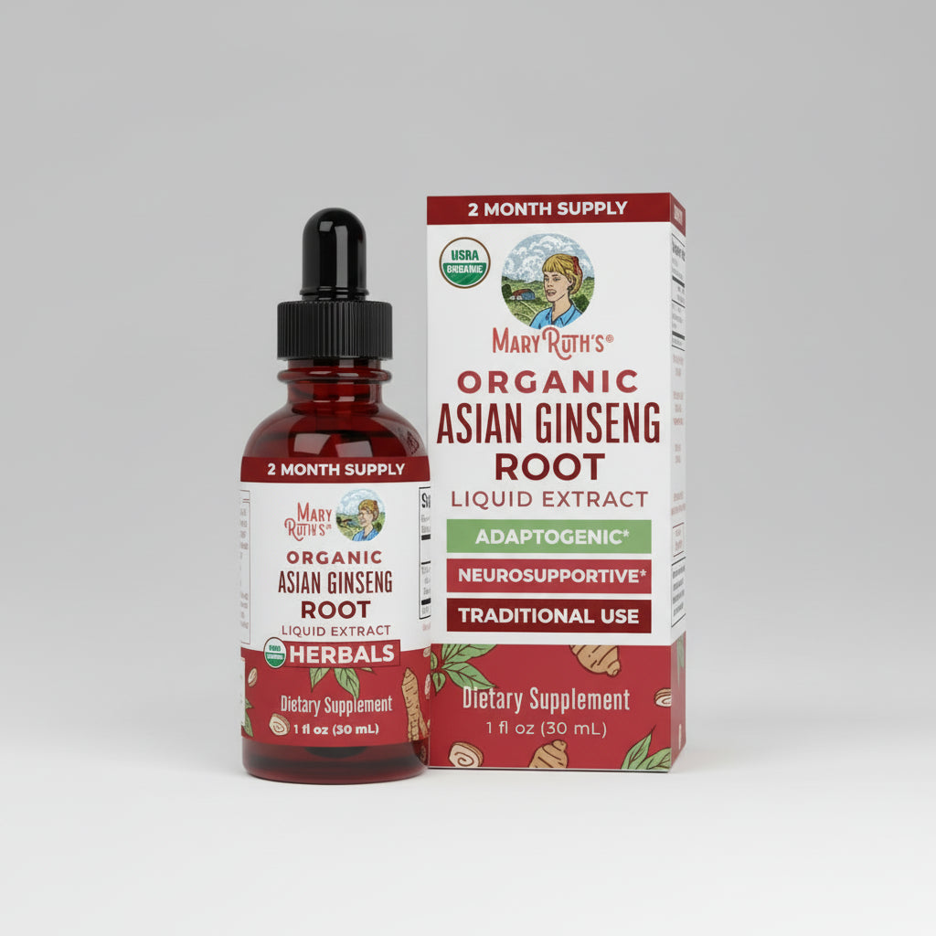 Mary Ruth's Organic Asian Ginseng Root Liquid Extract bottle and packaging on a white background