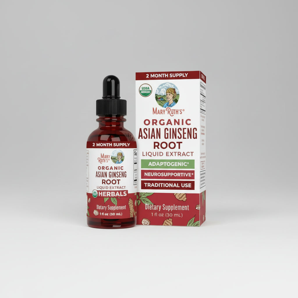 Mary Ruth's Organic Asian Ginseng Root Liquid Extract bottle and packaging on a white background