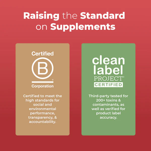 Two certification logos on a red background with text about standards for supplements.