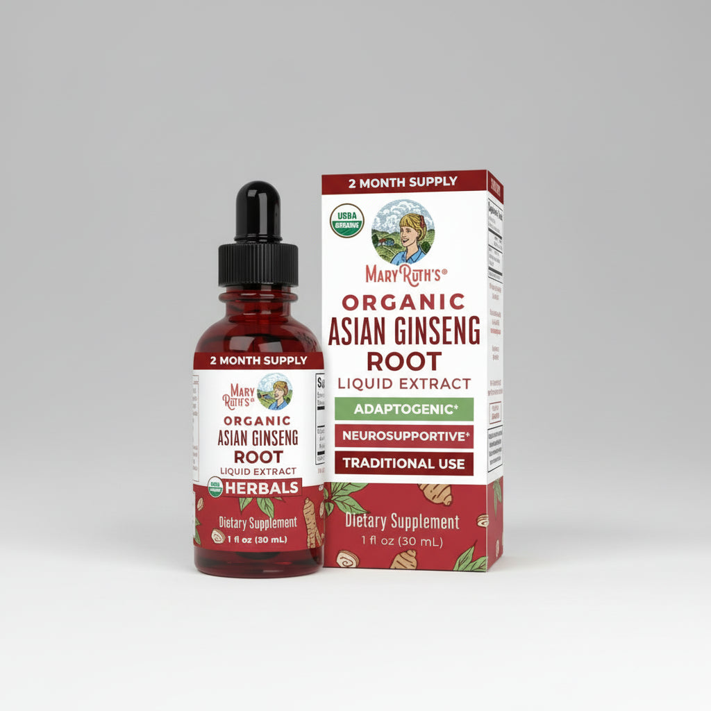 Mary Ruth's Organic Asian Ginseng Root Liquid Extract bottle and packaging on a white background