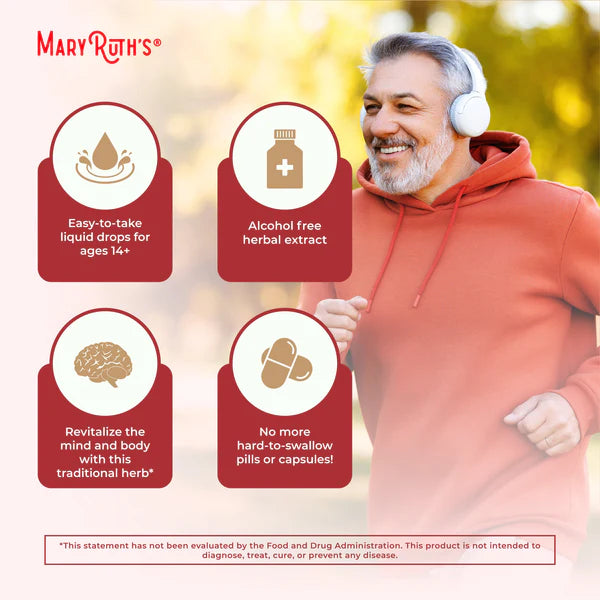 Man wearing headphones with Mary Ruth's product features displayed on a blurred outdoor background