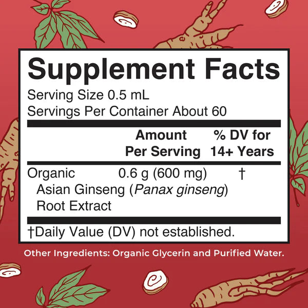 Supplement facts label for Asian Ginseng extract on a red background with ginseng illustrations.