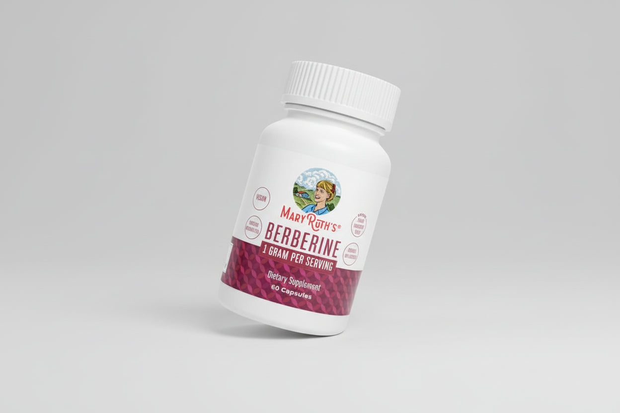Mary Ruth's Berberine Capsules bottle on a red background with product details and certifications.