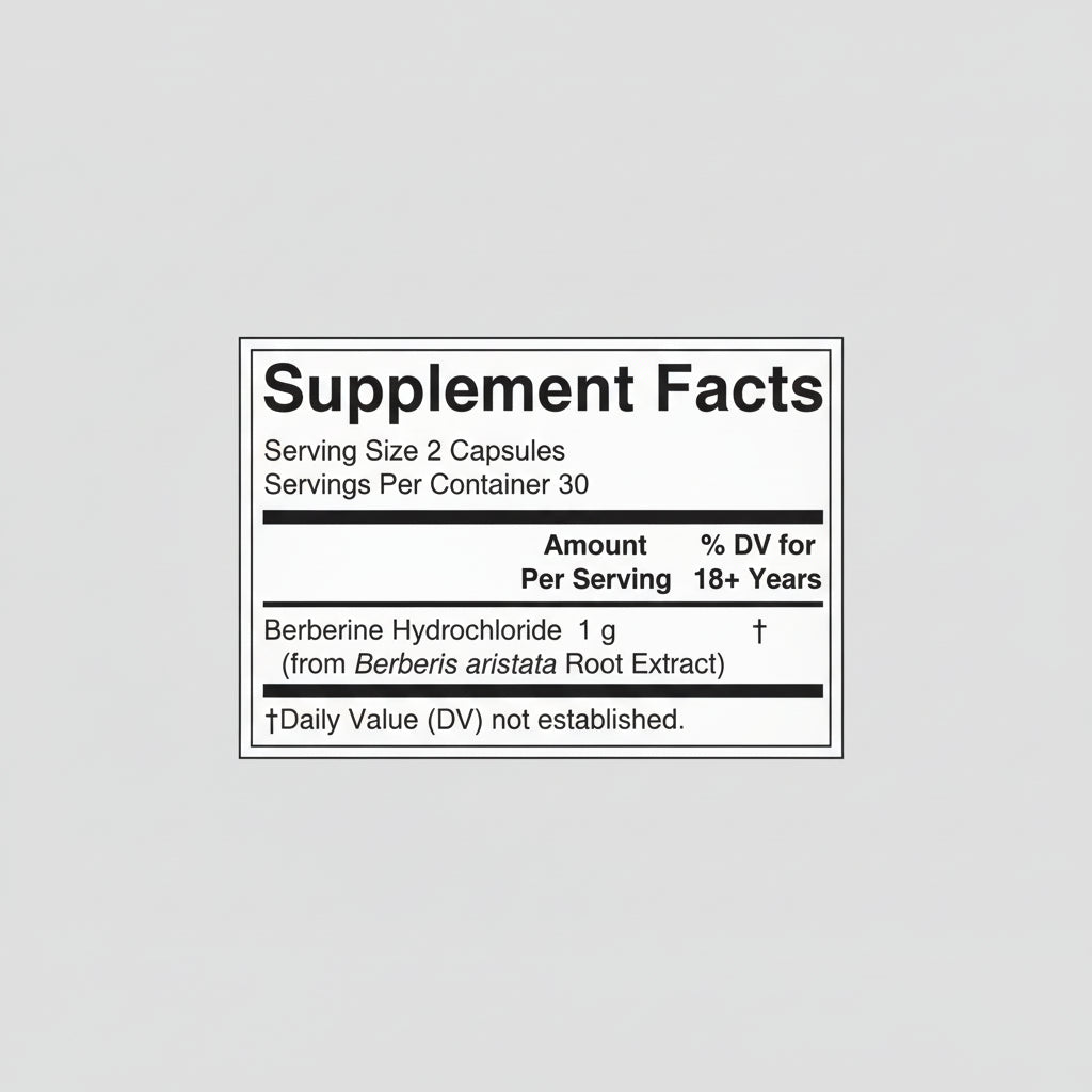 Supplement facts label for Berberine Hydrochloride on a red patterned background